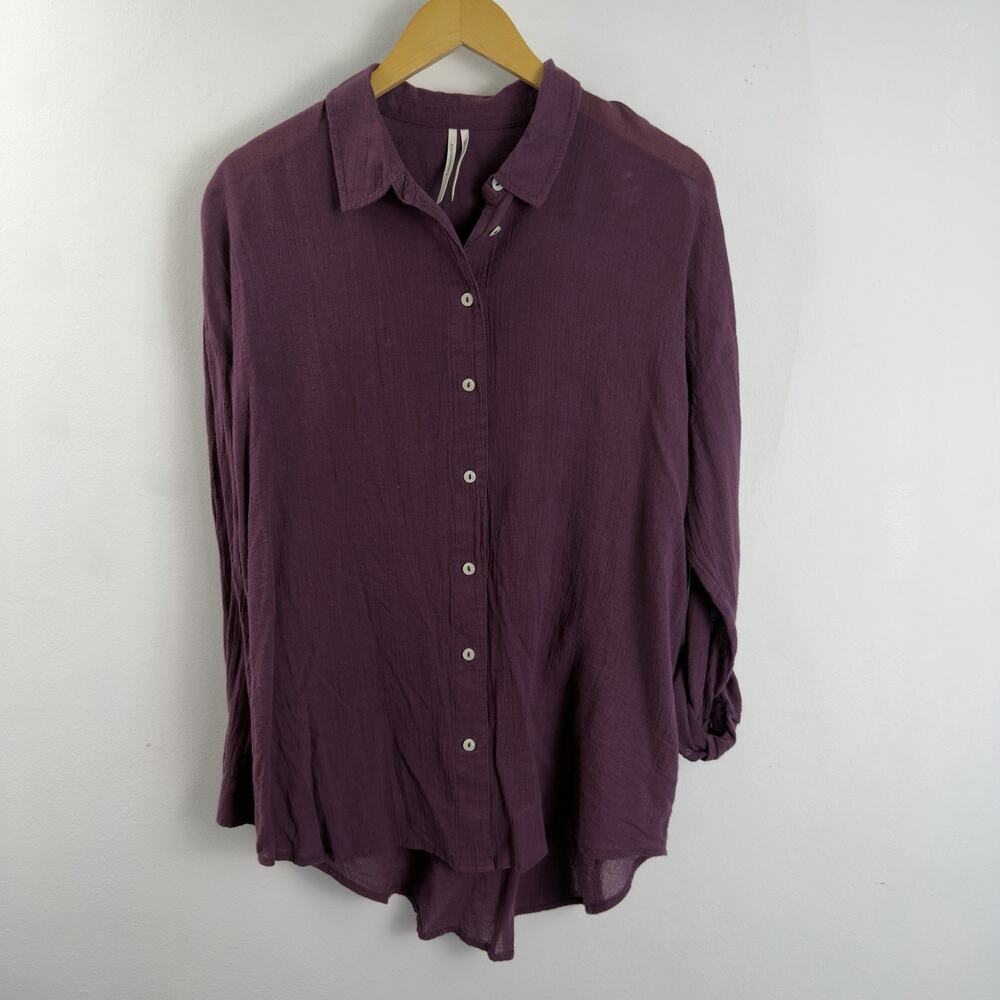 Anthropologie Burgundy Crinkle Gauze Button Down Oversized Shirt Women's Small